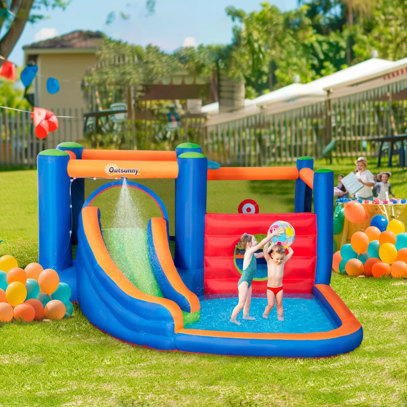Outsunny Castello Gonfiabile per Bambini 3-8 Anni con Scivolo, Trampolino e Piscina, 380x340x170cm