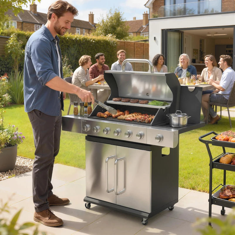 Outsunny Gas Barbecue, 6 Burners, Side Burner, Cast Iron Grill, Cabinet Included.
