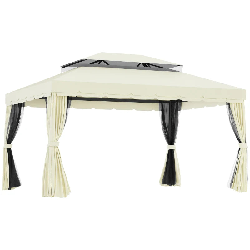 Outsunny Gazebo da Giardino 4x3m con Zanzariera, Tende e Doppio Tetto in Alluminio e Poliestere, Crema