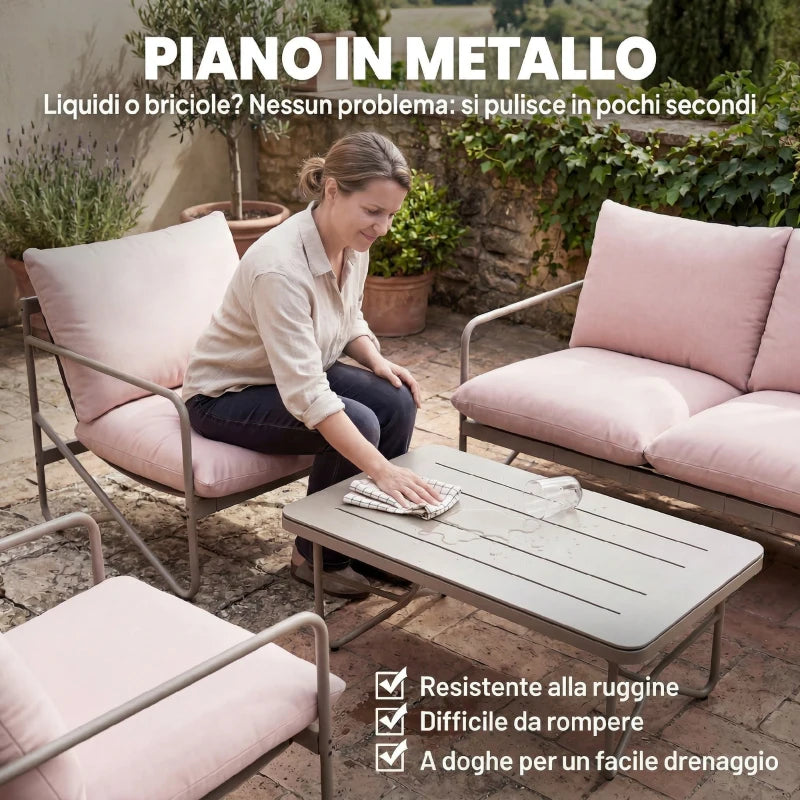 Outsunny Set da Giardino 4 Persone: Divanetto, Poltrone, Tavolo, Metallo, Rosa
