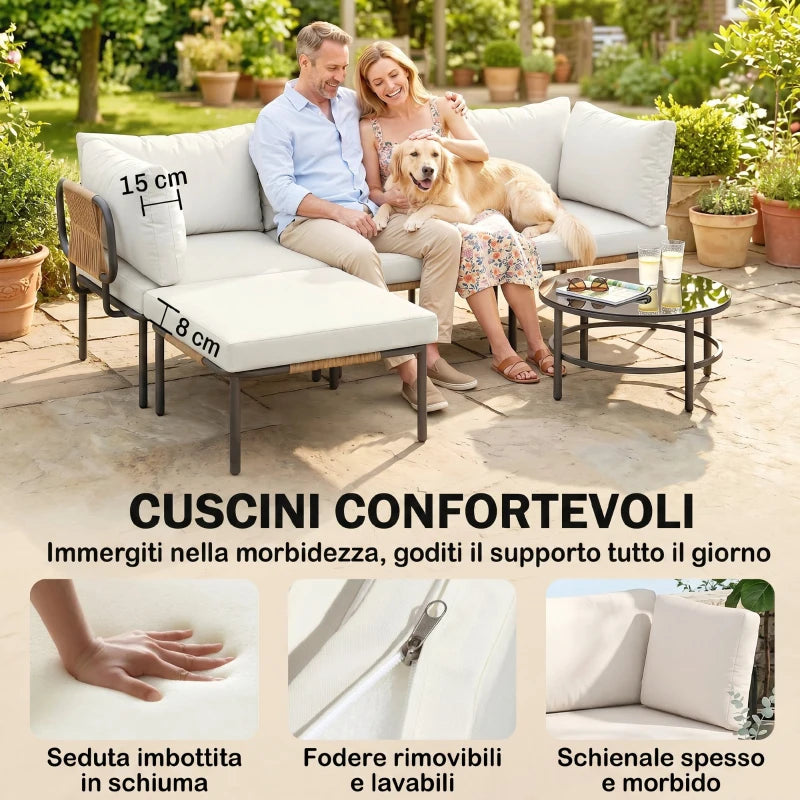 Outsunny Set da Giardino 5 Pezzi in Rattan Modulabile con Divano a L, Tavolino e Cuscini, Cachi