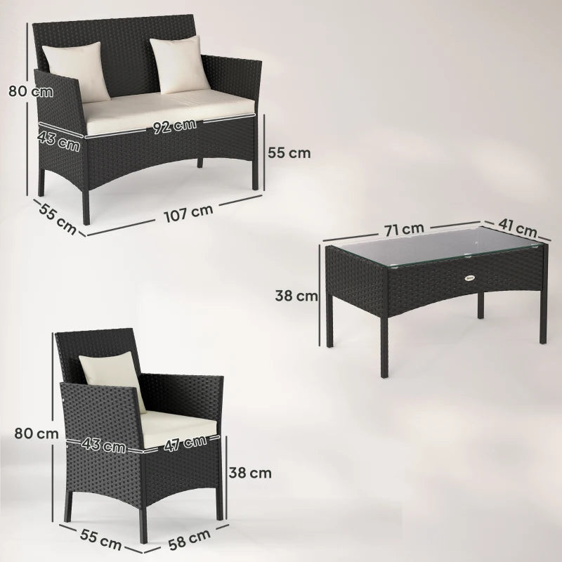 Outsunny Set da Giardino 4Pezzi in Rattan con 2 Sedie, Poltrona da Giardino a 2 Posti e Tavolino Basso