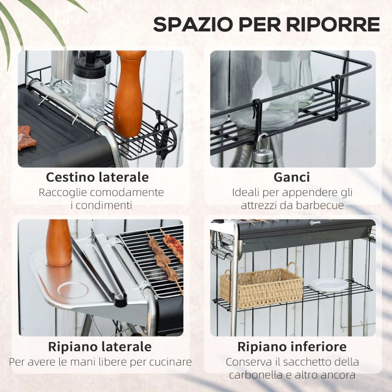 Outsunny Barbecue a Carbonella con Griglia e Piastra di Cottura, Cestino e Ripiani, 107x63x75cm, Nero