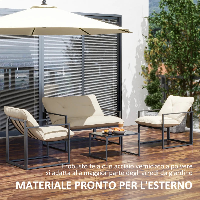 Outsunny Set da Giardino 4 Pezzi con Divanetto, 2 Poltrone e Tavolino, in Acciaio, Poliestere e Cotone PP, Beige e Grigio