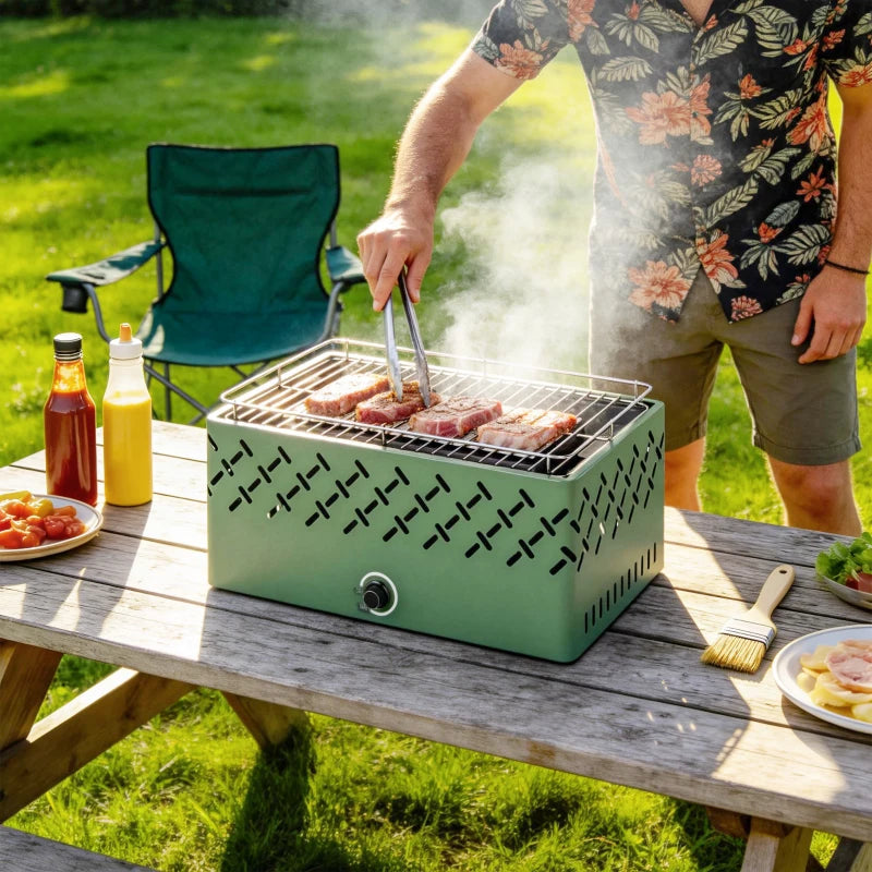 Outsunny Barbecue Portatile a Carbone con Ventilatore Integrato per Esterni, Verde Chiaro