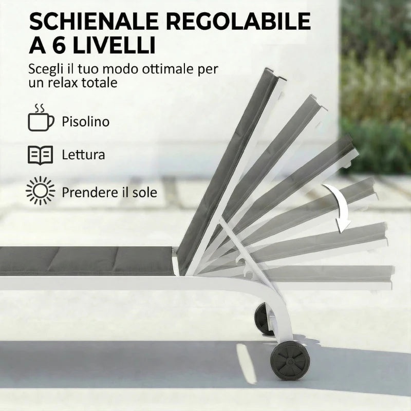 Outsunny Lettino Prendisole da Giardino con Ruote, in Texteline con Telaio in Alluminio, Grigio Scuro e Bianco