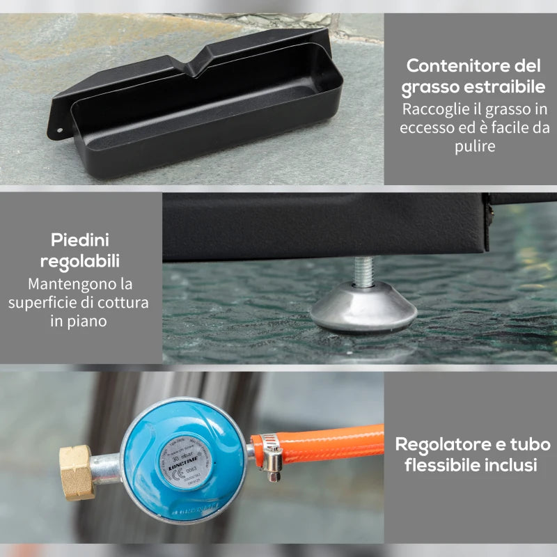 Outsunny Piastra Barbecue a Gas da Tavolo con 2 Bruciatori e Potenza 6kW, 48.5x46x21cm, Nero