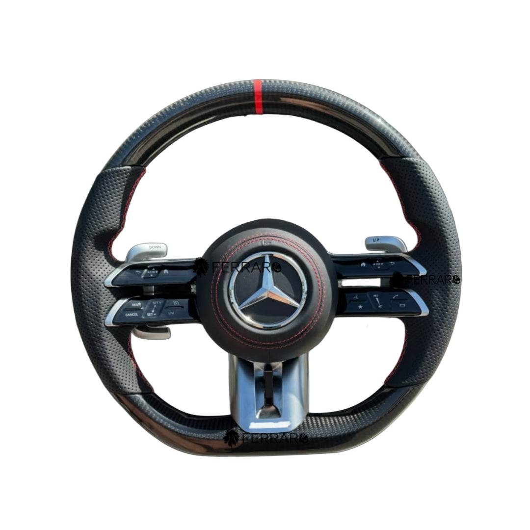 (PRENOTA) Volante per Mercedes, Carbonio Diagonale, Galvanica, Etichetta Rossa, Perforata, Linea Rossa, AMG