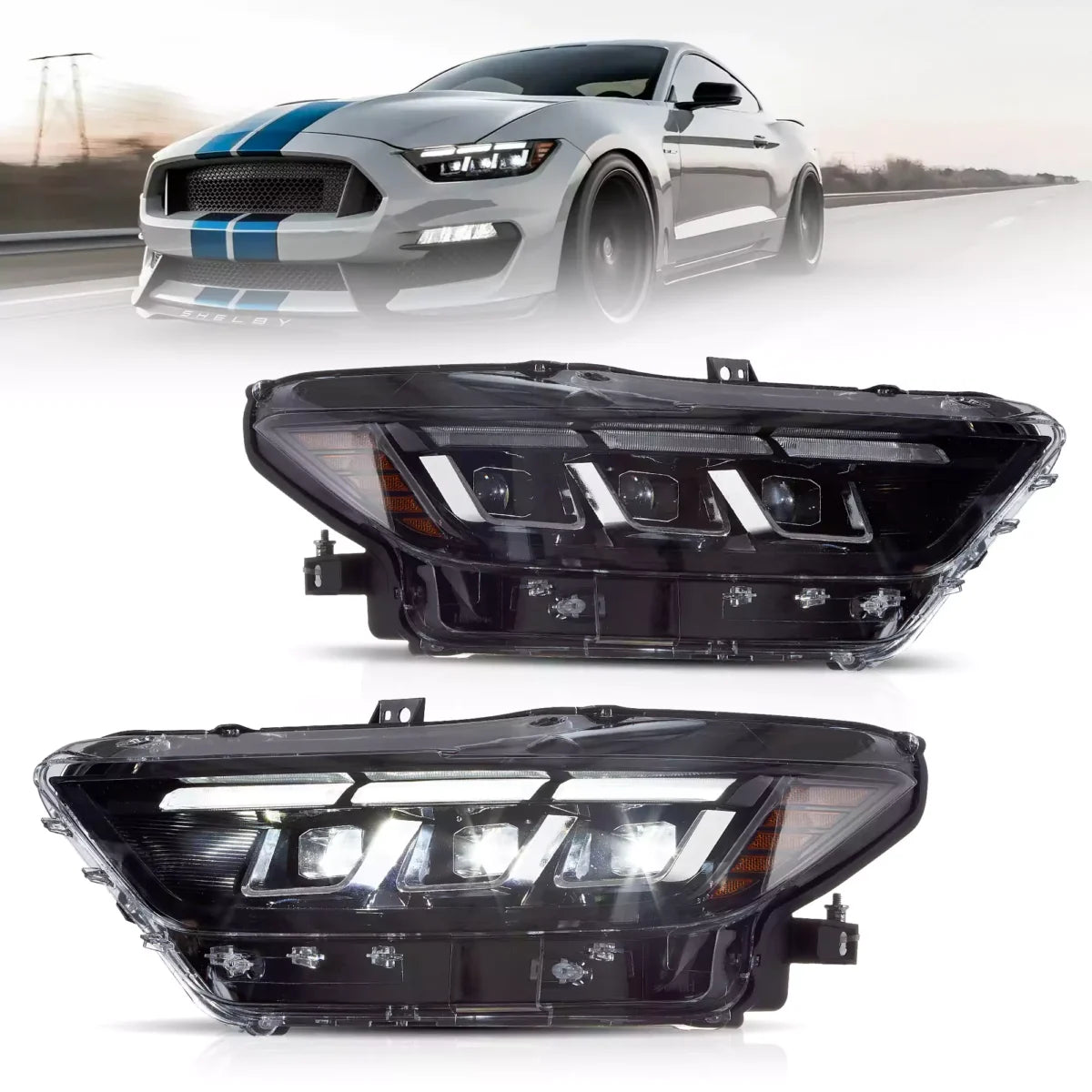 (PRENOTA) Fanali Anteriore Completo per Ford Mustang Eco Boost, GT, GT350, GT500 (2015-2017) a LED