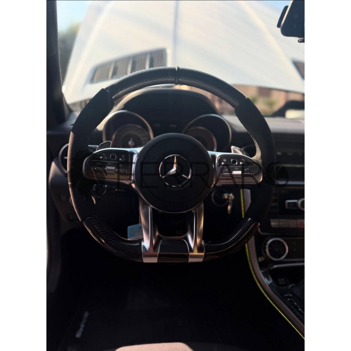 (PRENOTA)Volante per Mercedes, Carbonio Diagonale, Etichetta Pelle Nera, Filo Nero, Galvanica, AMG
