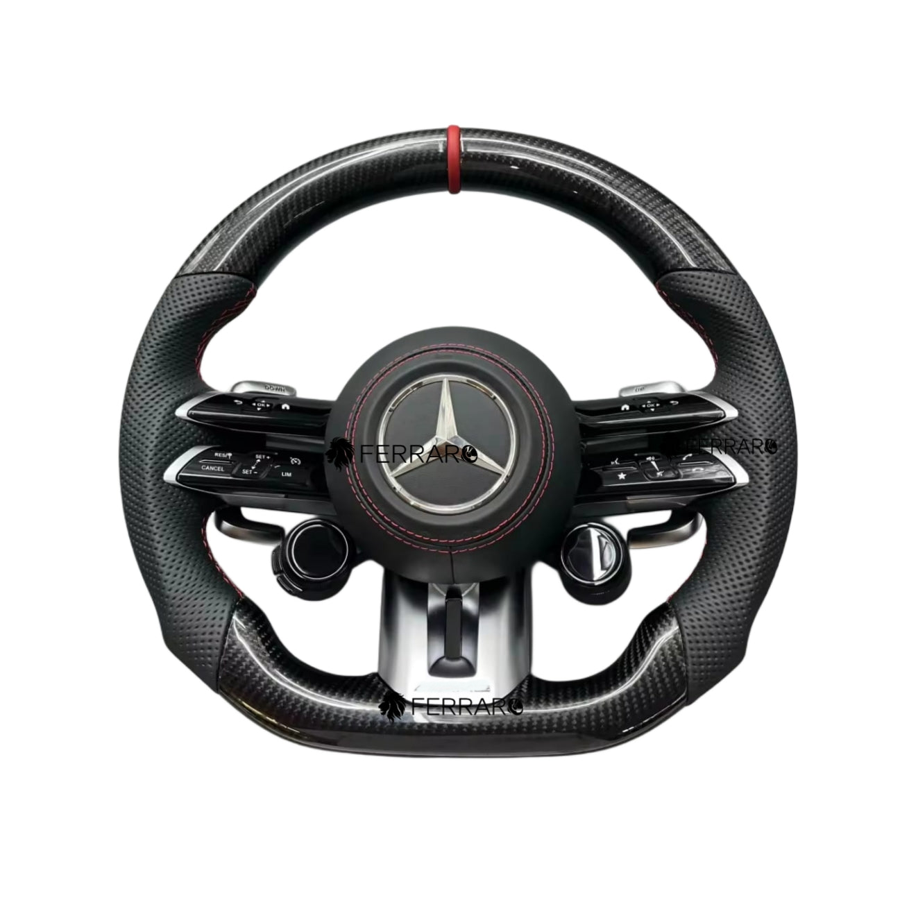 (PRENOTA) Volante per Mercedes, Carbonio Diagonale, Etichetta Rossa, Punzonatura, Galvanica, Linea Rossa, Pomelli AMG