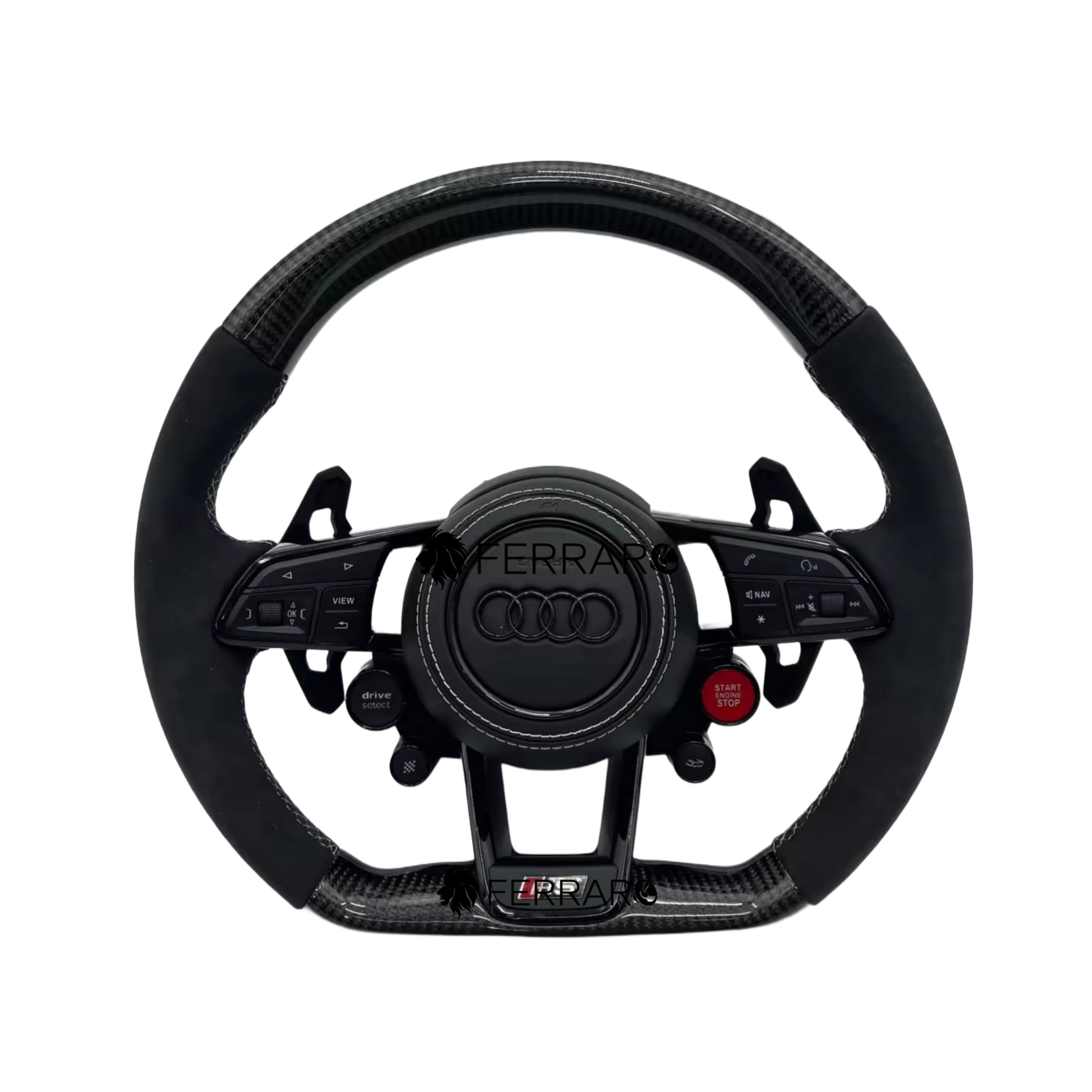 (PRENOTA) Volante per Audi, Carbonio Diagonale, Linea Bianca, Pulsanti, RS