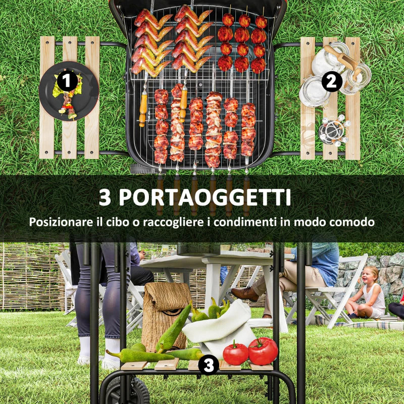 Outsunny Barbecue a Carbone con 3 Ripiani e Ruote, Coperchio con Presa d'Aria Regolabile, Rosso