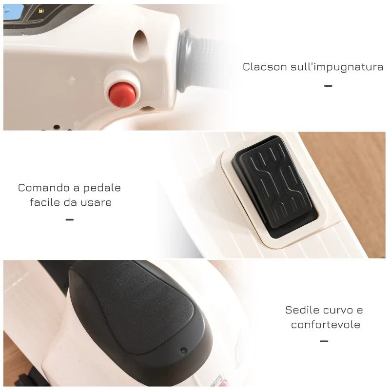 HOMCOM Moto Elettrica per Bambini con Licenza Ufficiale Vespa Batteria 6V, Fari e Clacson, per Bimbi da 18-36 mesi, Bianco, 66.5x38x52cm