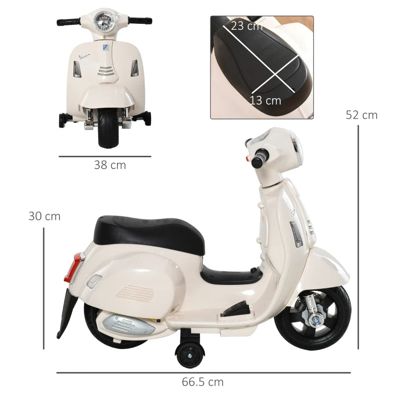 HOMCOM Moto Elettrica per Bambini con Licenza Ufficiale Vespa Batteria 6V, Fari e Clacson, per Bimbi da 18-36 mesi, Bianco, 66.5x38x52cm