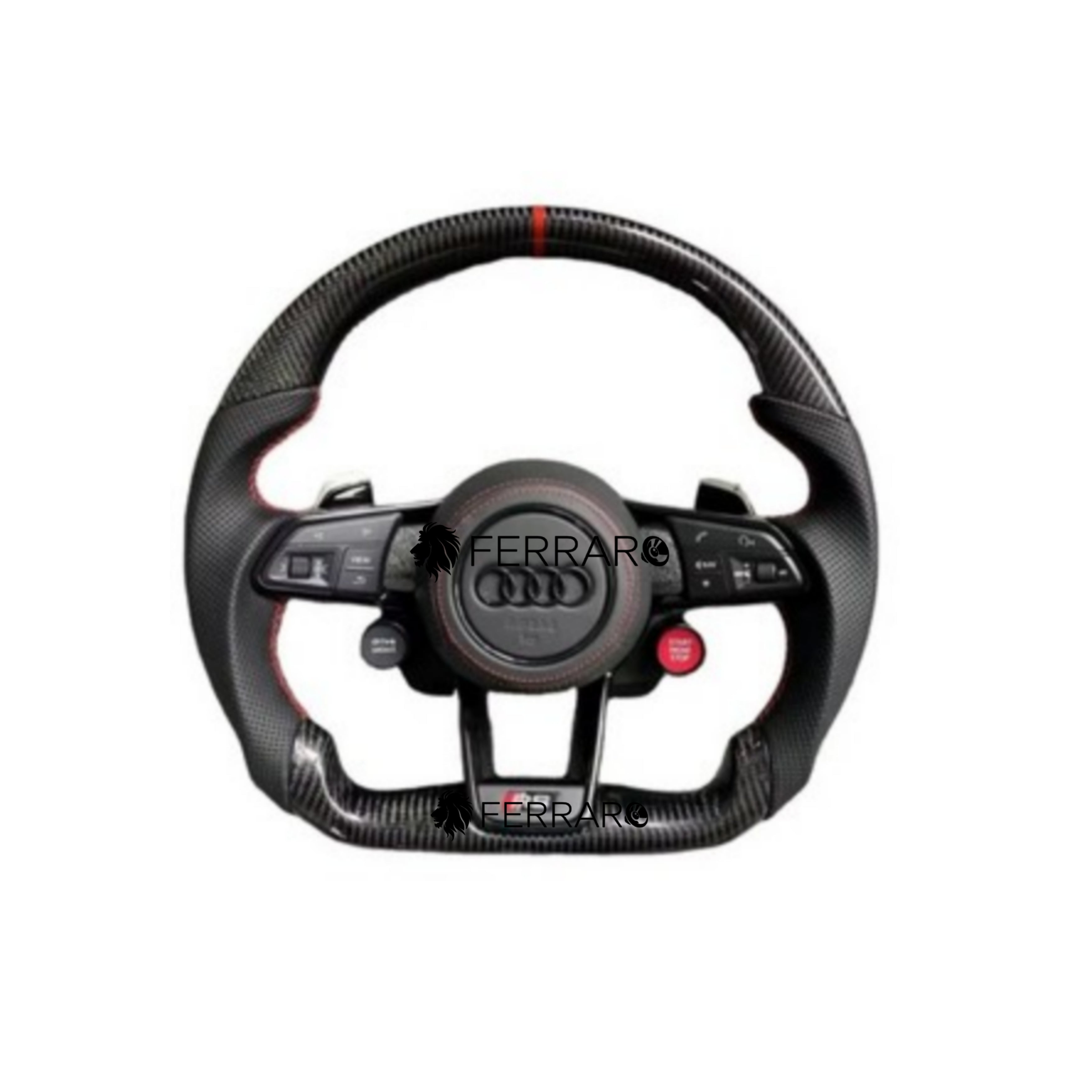 (PRENOTA) Volante per Audi, Carbonio Diagonale, Foratura, Pulsanti, Filo Rosso, RS