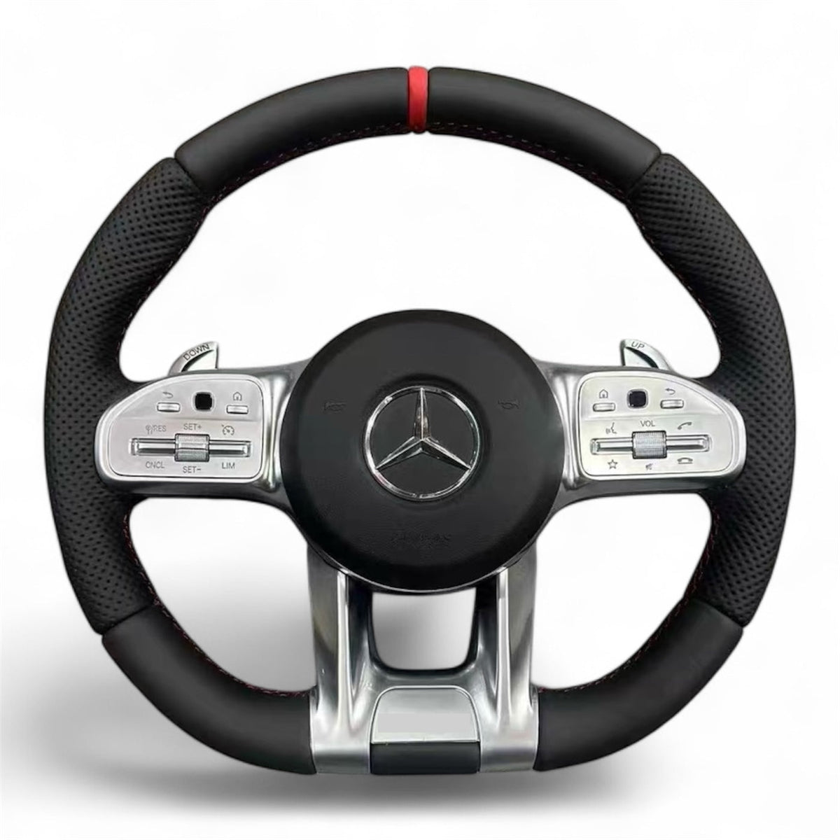 (PRENOTA) Volante per Mercedes, Etichetta Rossa, Pelle Nera, Filo Nero, AMG
