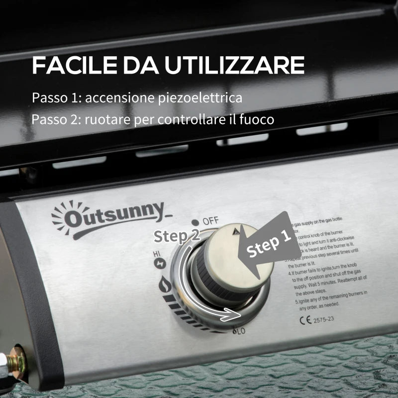 Outsunny Piastra Barbecue a Gas da Tavolo con 2 Bruciatori e Potenza 6kW, 48.5x46x21cm, Nero