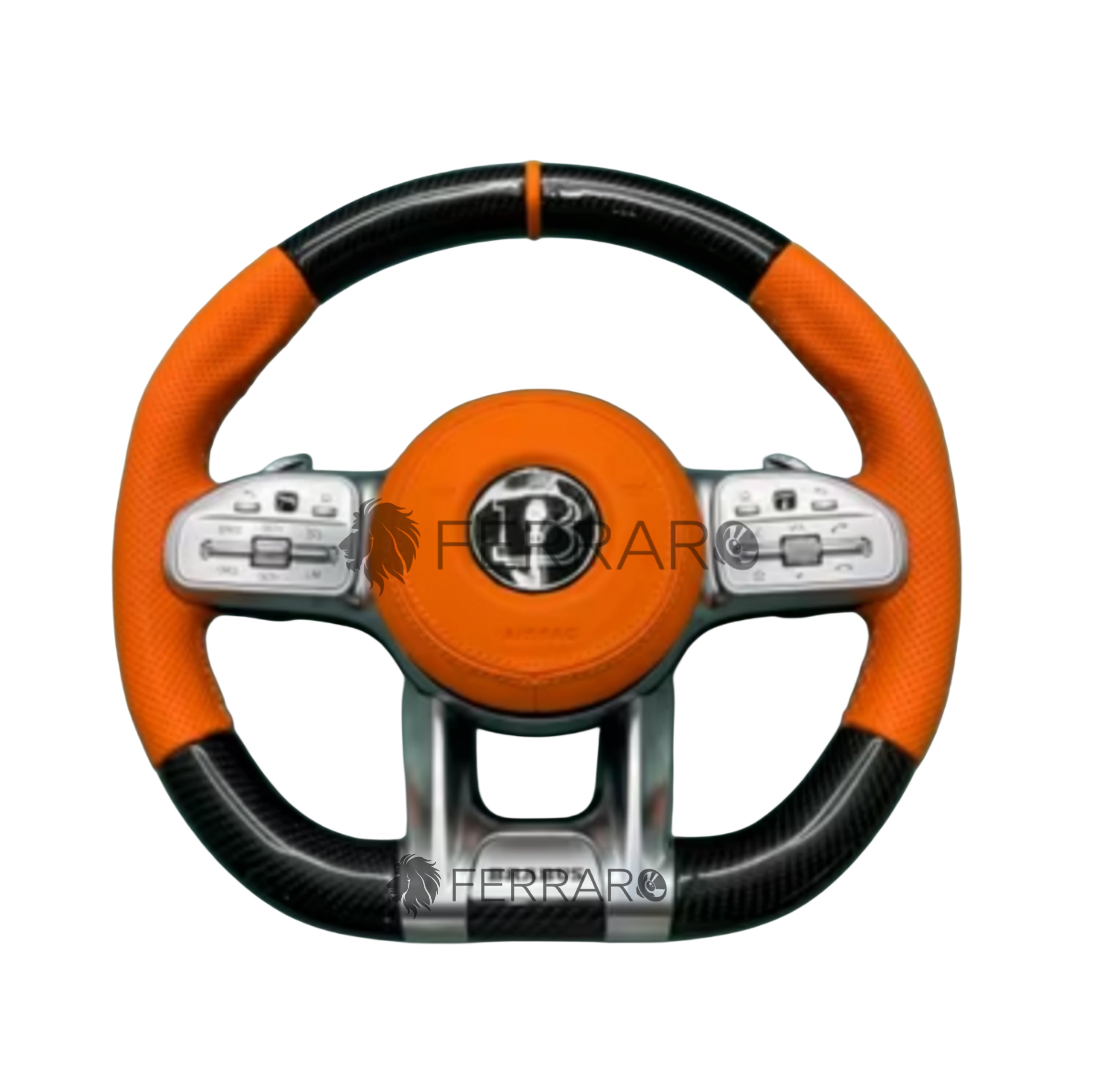 (PRENOTA) Volante per Mercedes, Carbonio Diagonale, Etichetta Arancione, Filo Arancione, Perforato, Galvanica, Brabus