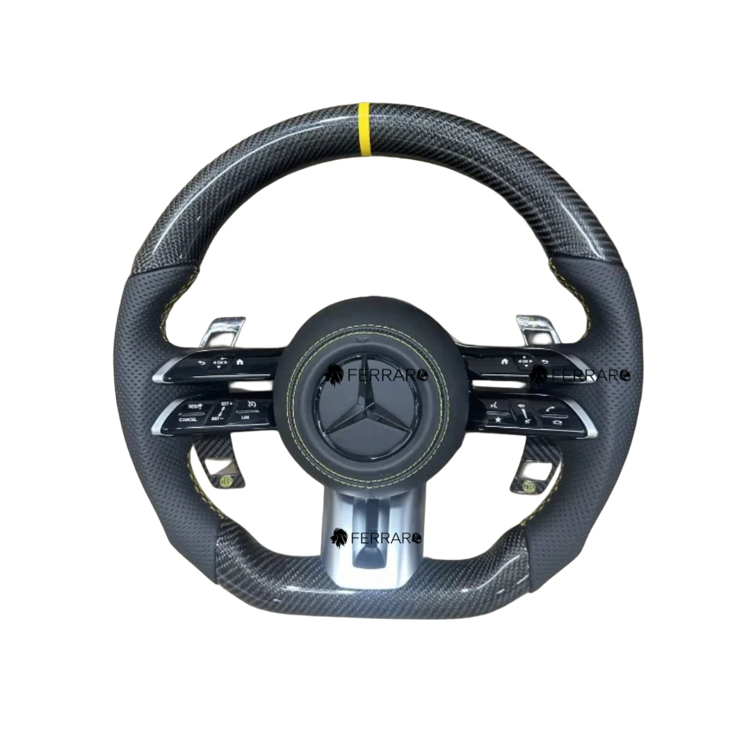 (PRENOTA) Volante per Mercedes, Carbonio Diagonale, Logo Nero, Punzonatura Nera, Palette Carbonio Gialle +-, Linea Gialla, AMG