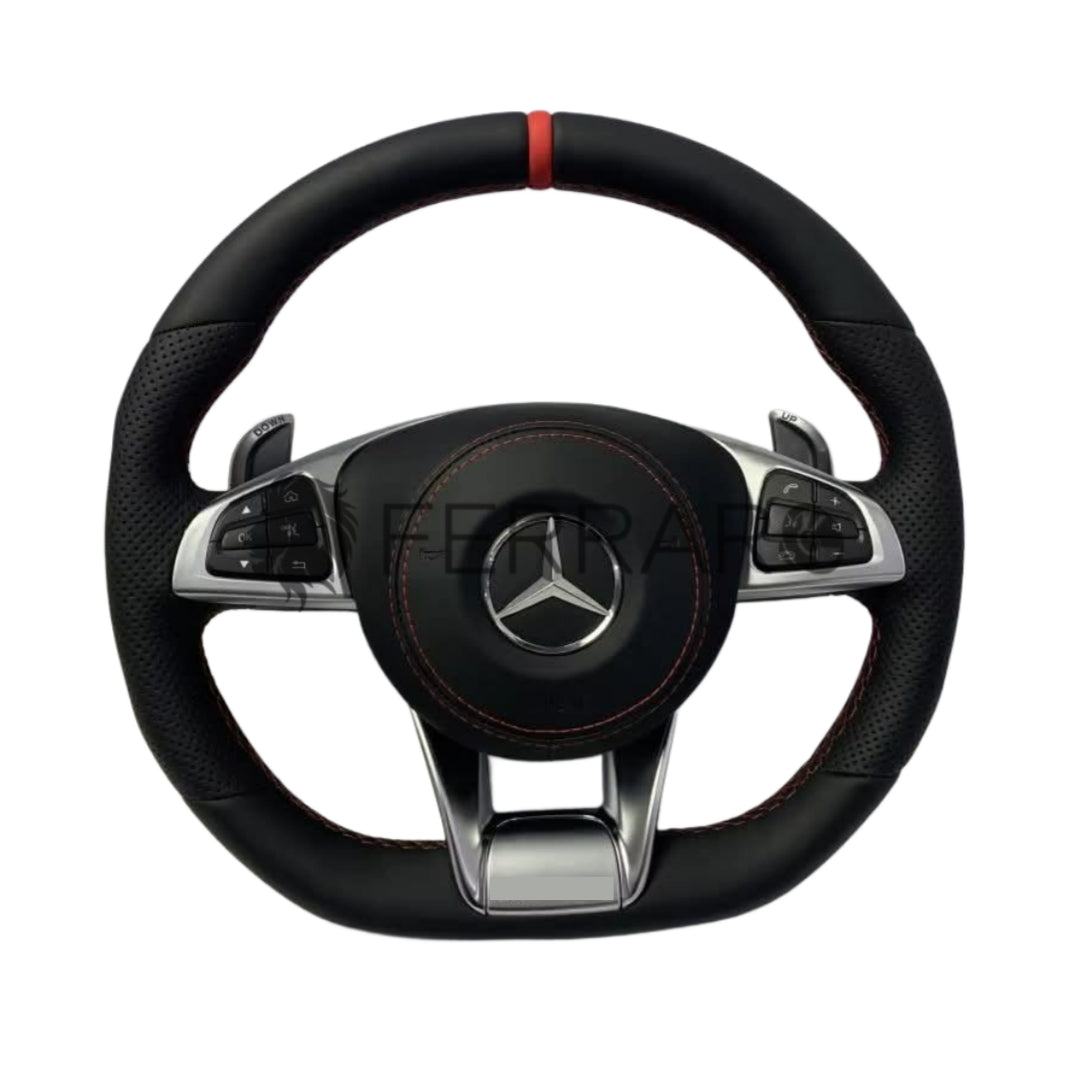 (PRENOTA) Volante per Mercedes, Nero, Filo Nero, Linea Rossa, Perforato