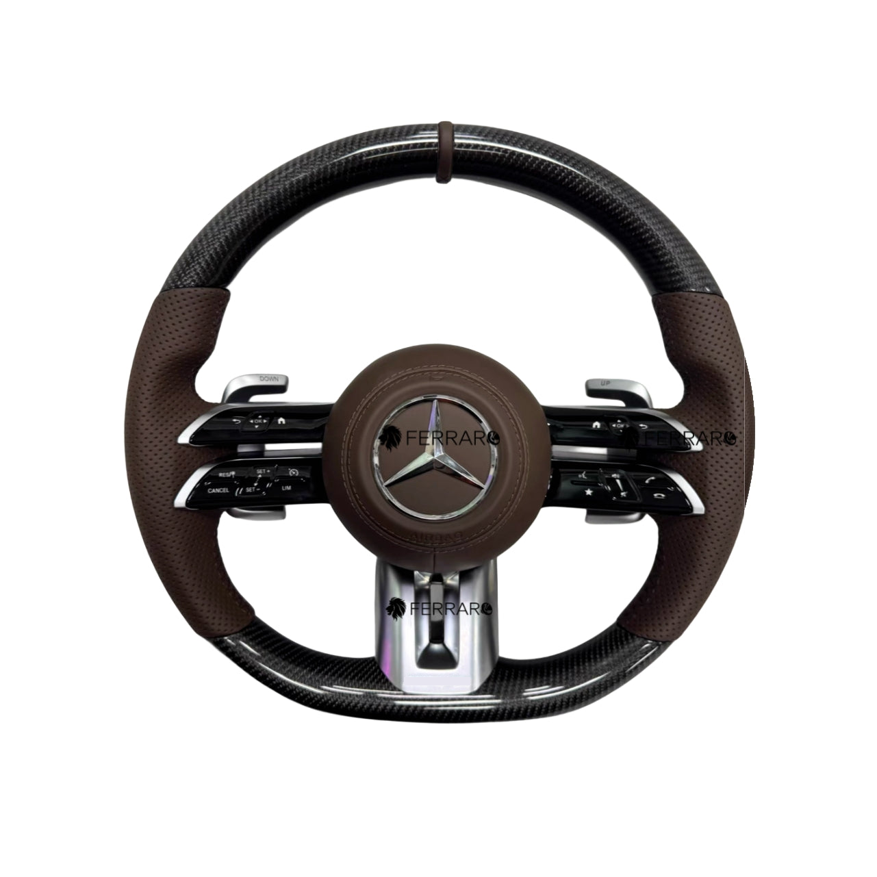 (PRENOTA) Volante per Mercedes, Carbonio Nero, Logo Argento, Punzonata Marrone, Linea Marrone, AMG