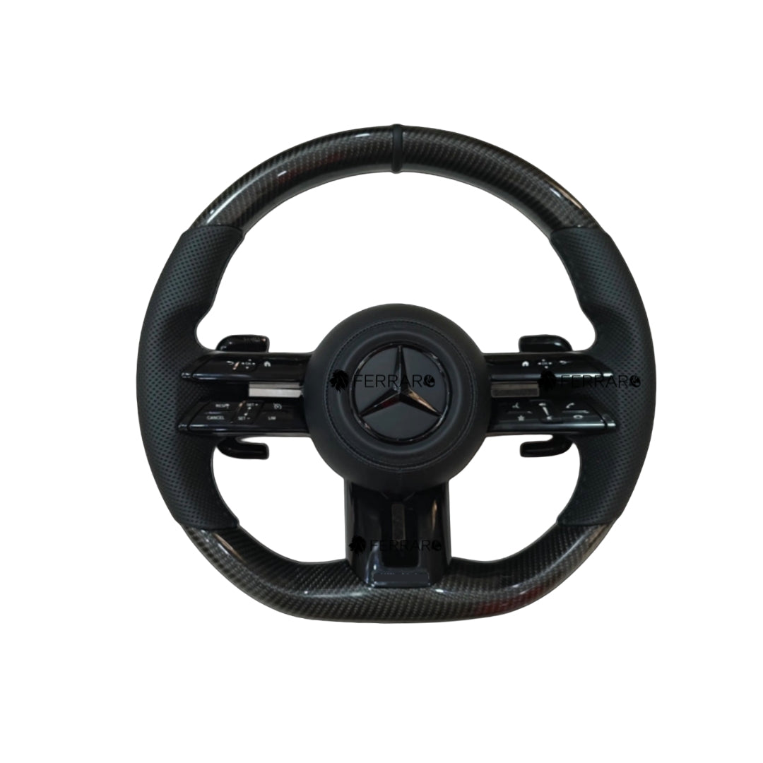 (PRENOTA) Volante per Mercedes, Carbonio Nero, Logo Nero, Punzonata Nera, Linea Nera, AMG