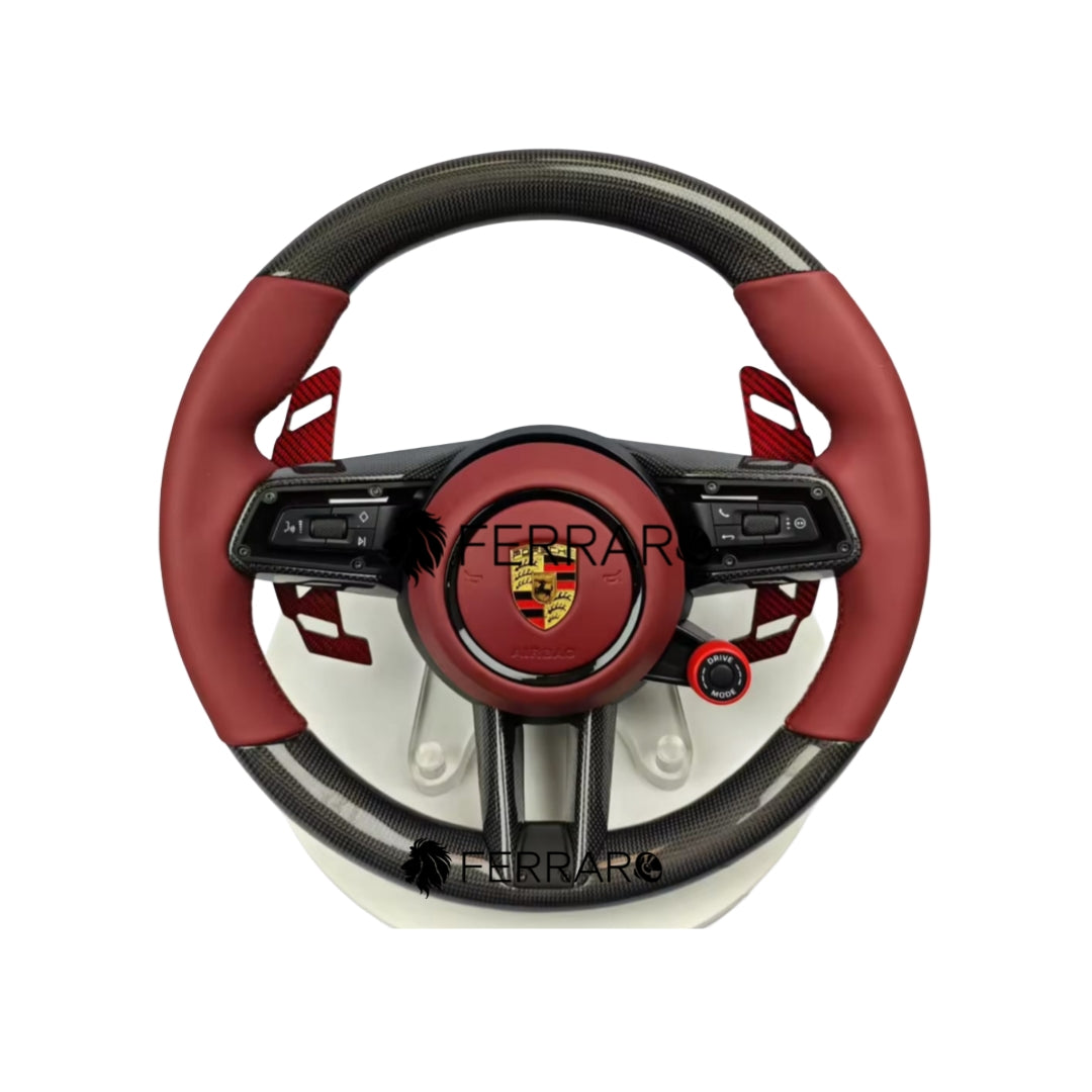 (PRENOTA) Volante per Porsche, Carbonio Inclinato, Rosso, 5 Pulsanti, Palette