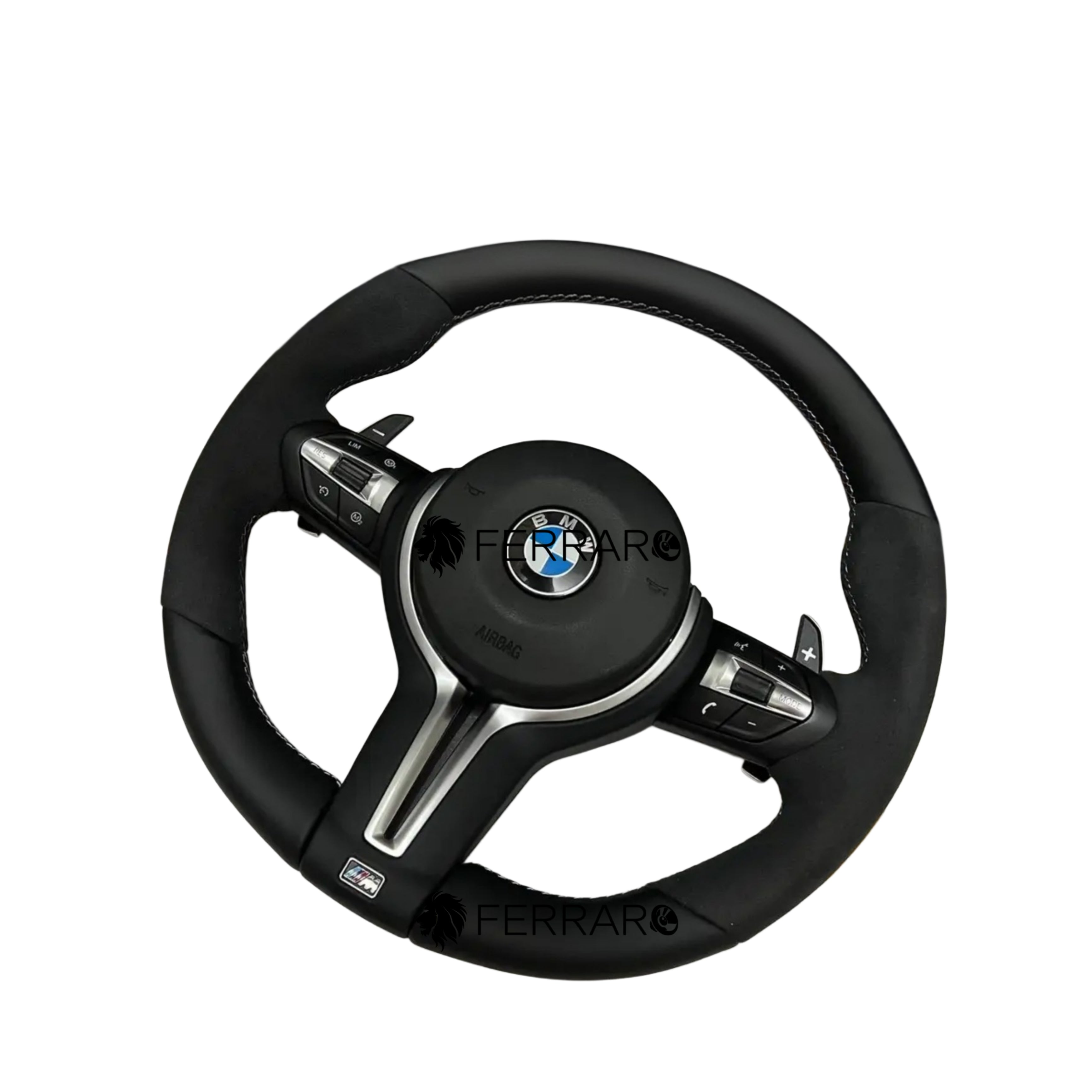 (PRENOTA) Volante per BMW, Pelle Nera, Filo Tricolore, Etichetta Rossa, Sport