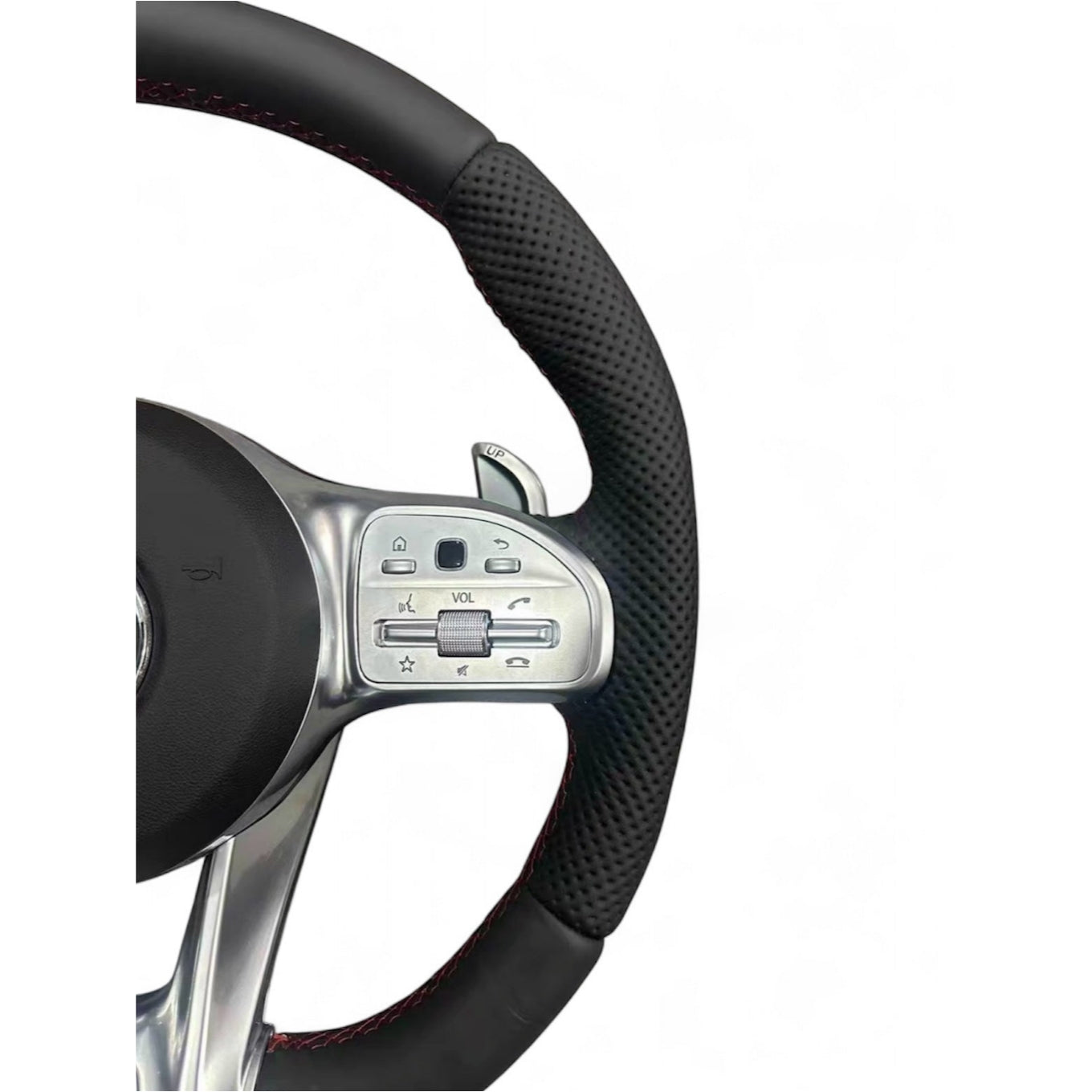 (PRENOTA) Volante per Mercedes, Etichetta Rossa, Pelle Nera, Filo Nero, AMG