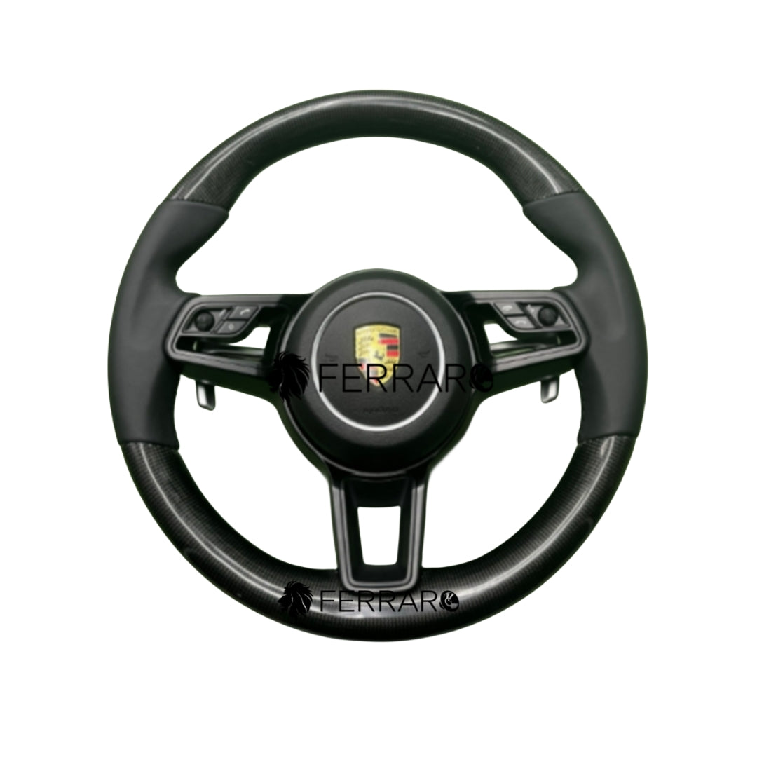 (PRENOTA) Volante per Porsche, Carbonio Diagonale, Paletta Corta, Senza Etichetta, Pelle Nera, Filo Nero