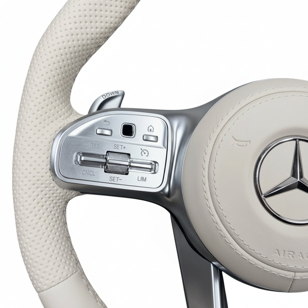 (PRENOTA) Volante per Mercedes, Etichetta Beige, Pelle Beige, Filo Beige, AMG