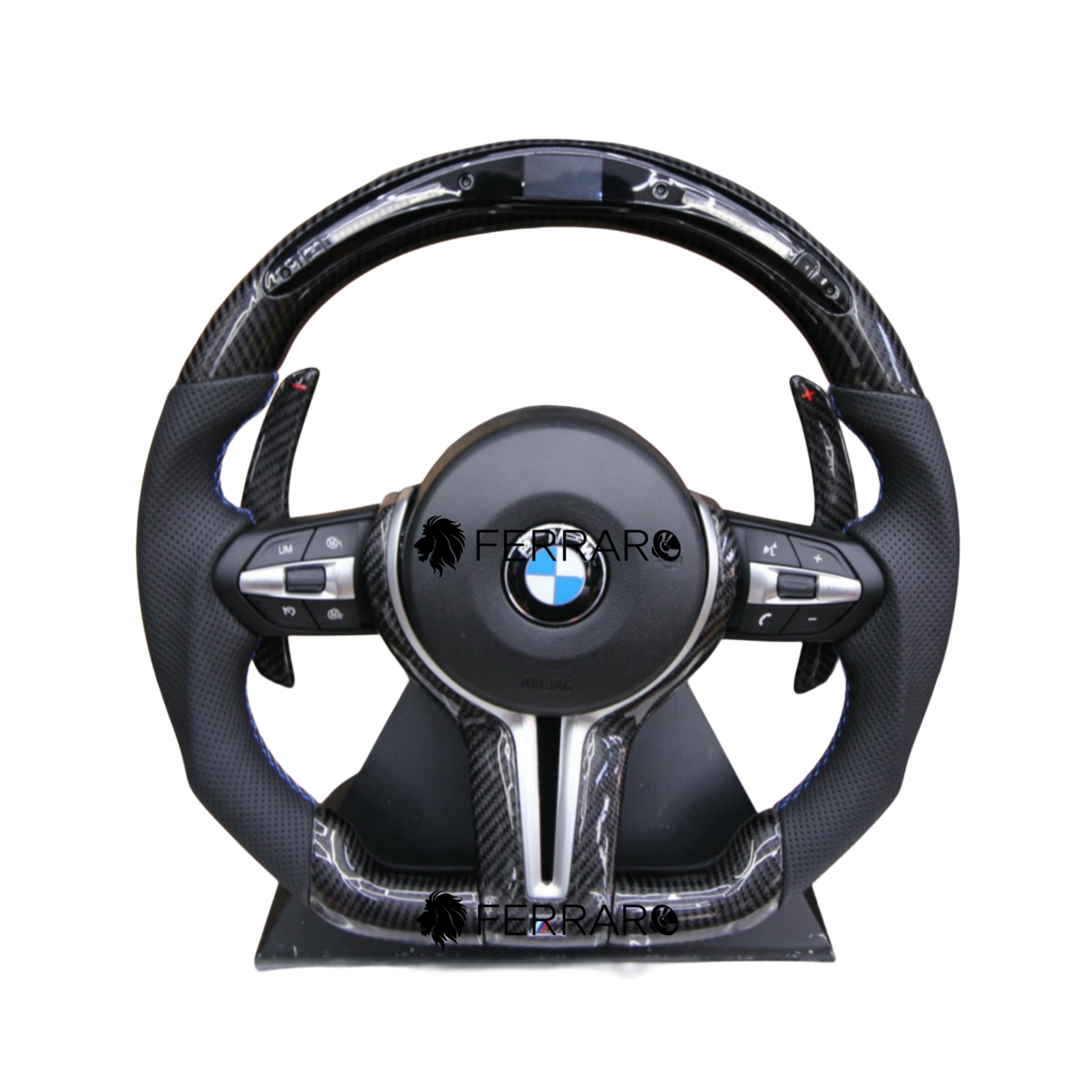 (PRENOTA) Volante per BMW, Carbonio Obliquo, Filo Tricolore, Taglio, Pelle Nera, LED Sport