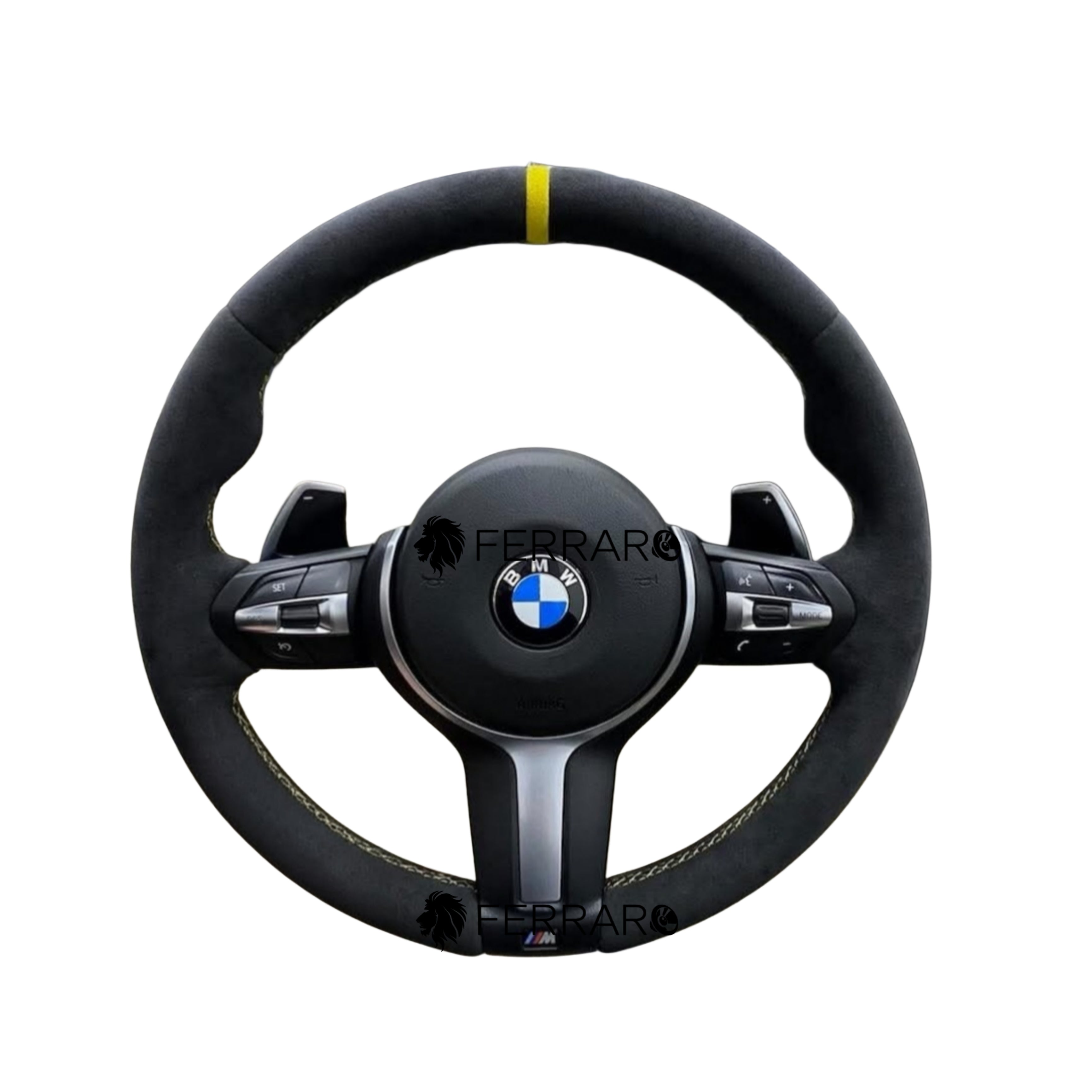 (PRENOTA) Volante per BMW, Pelle Nera, Filo Tricolore, Etichetta Gialla, Sport
