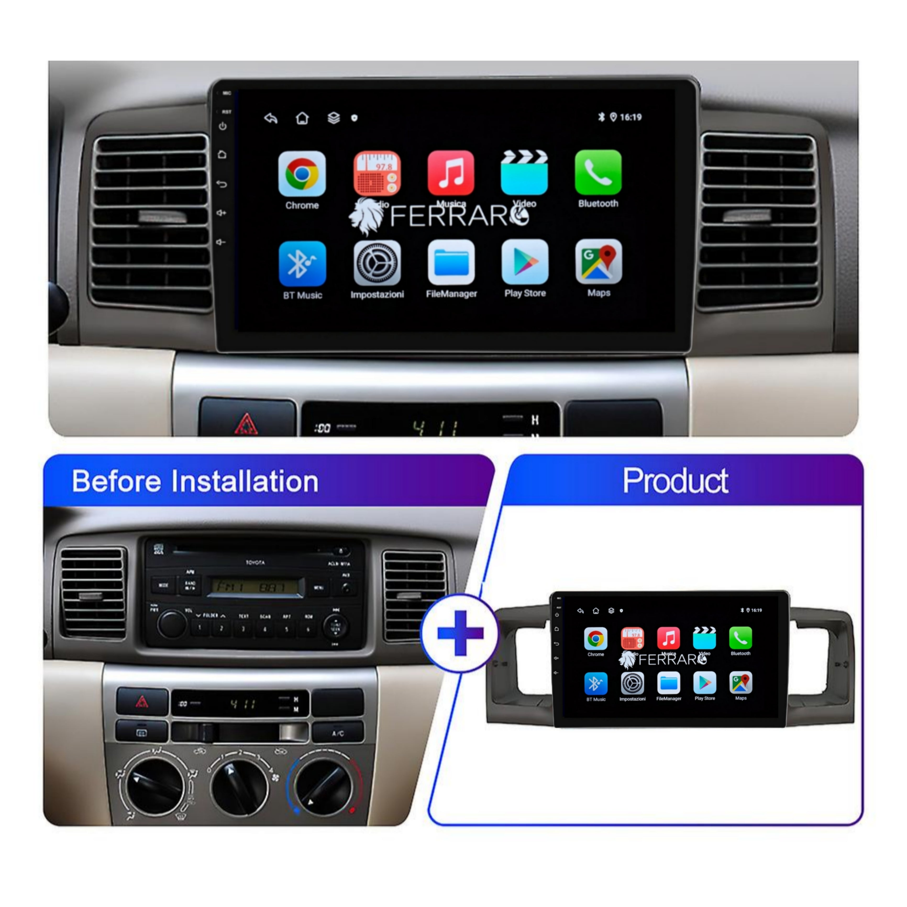 Autoradio per Toyota Corolla E120/E130 9" (2000-2007) Android, Bluetooth, CarPlay, Android Auto, 2GB/4GB/6GB/8GB Ram