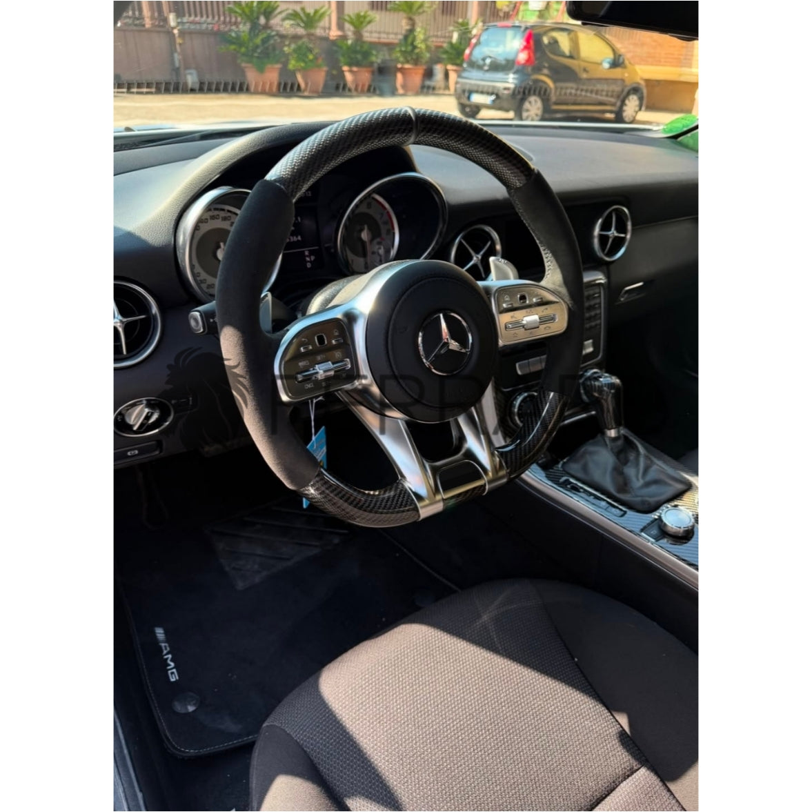 (PRENOTA)Volante per Mercedes, Carbonio Diagonale, Etichetta Pelle Nera, Filo Nero, Galvanica, AMG