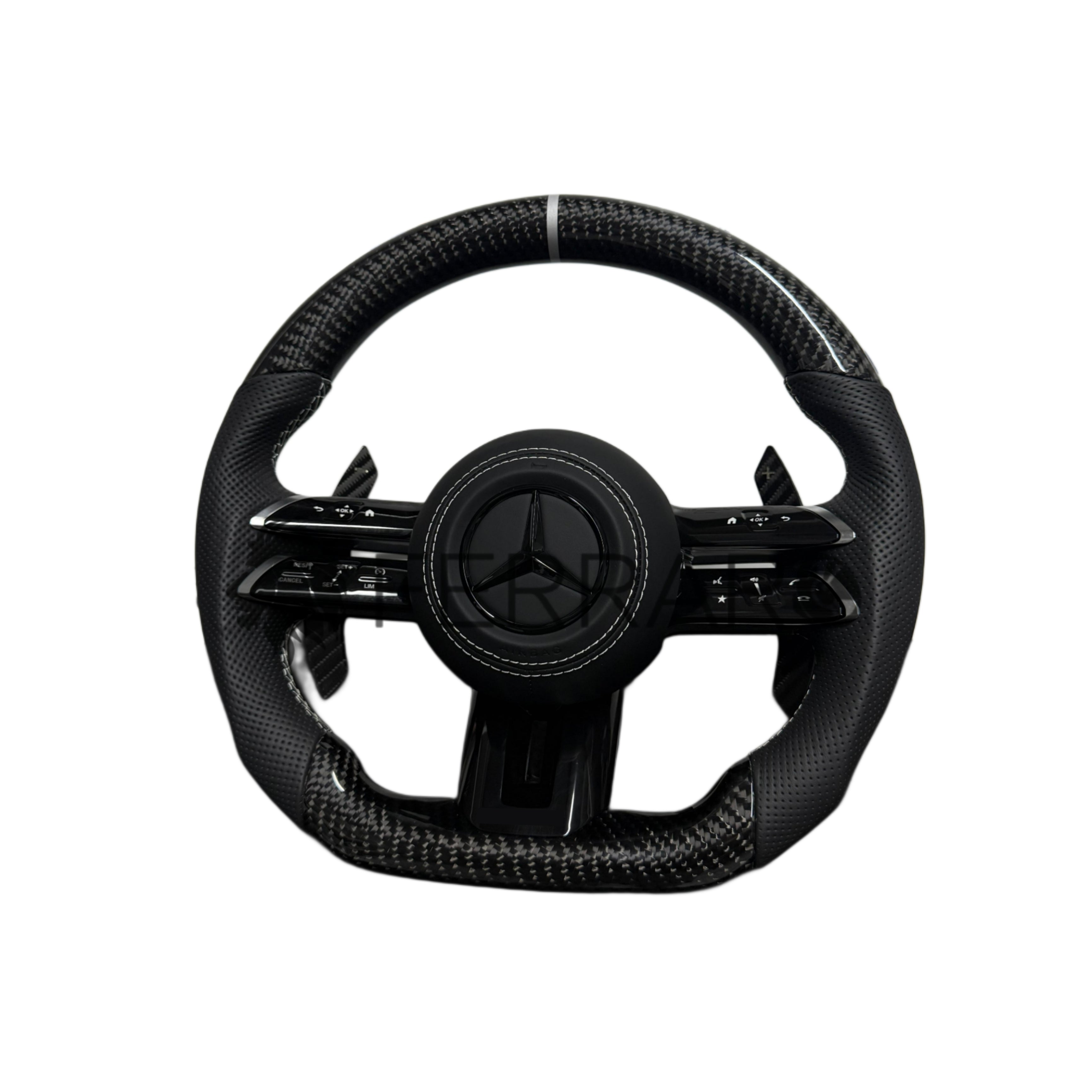 (PRENOTA) Volante per Mercedes, Carbonio Diagonale, Etichetta Bianca, Punzonatura Nera, Palette Coda di Rondine, Linea Bianca, AMG