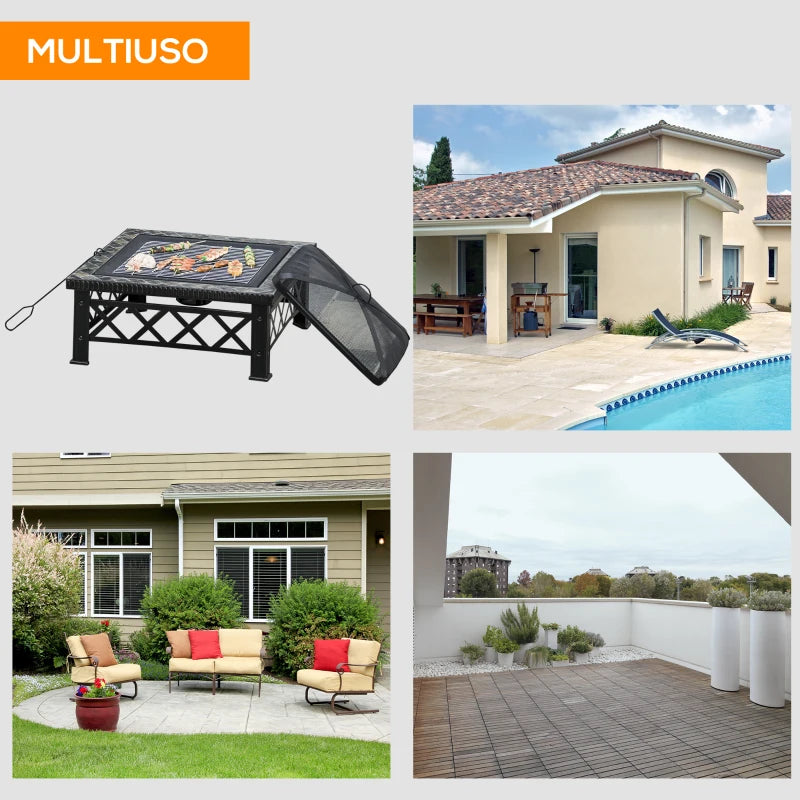 Outsunny Braciere da Giardino con Coperchio Parascintille e Griglia per Barbecue in Metallo 76x76x47cm Nero