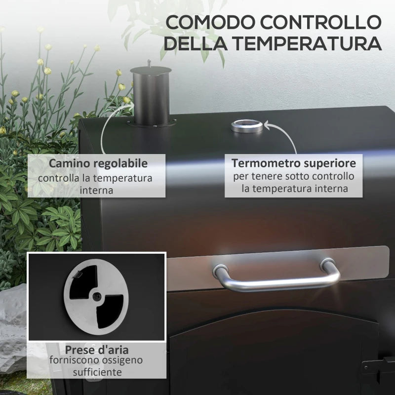 Outsunny Barbecue da Giardino a 2 Ruote con Griglia, Affumicatore e Fornello, in Metallo e Ghisa, 124x66x112 cm, Nero