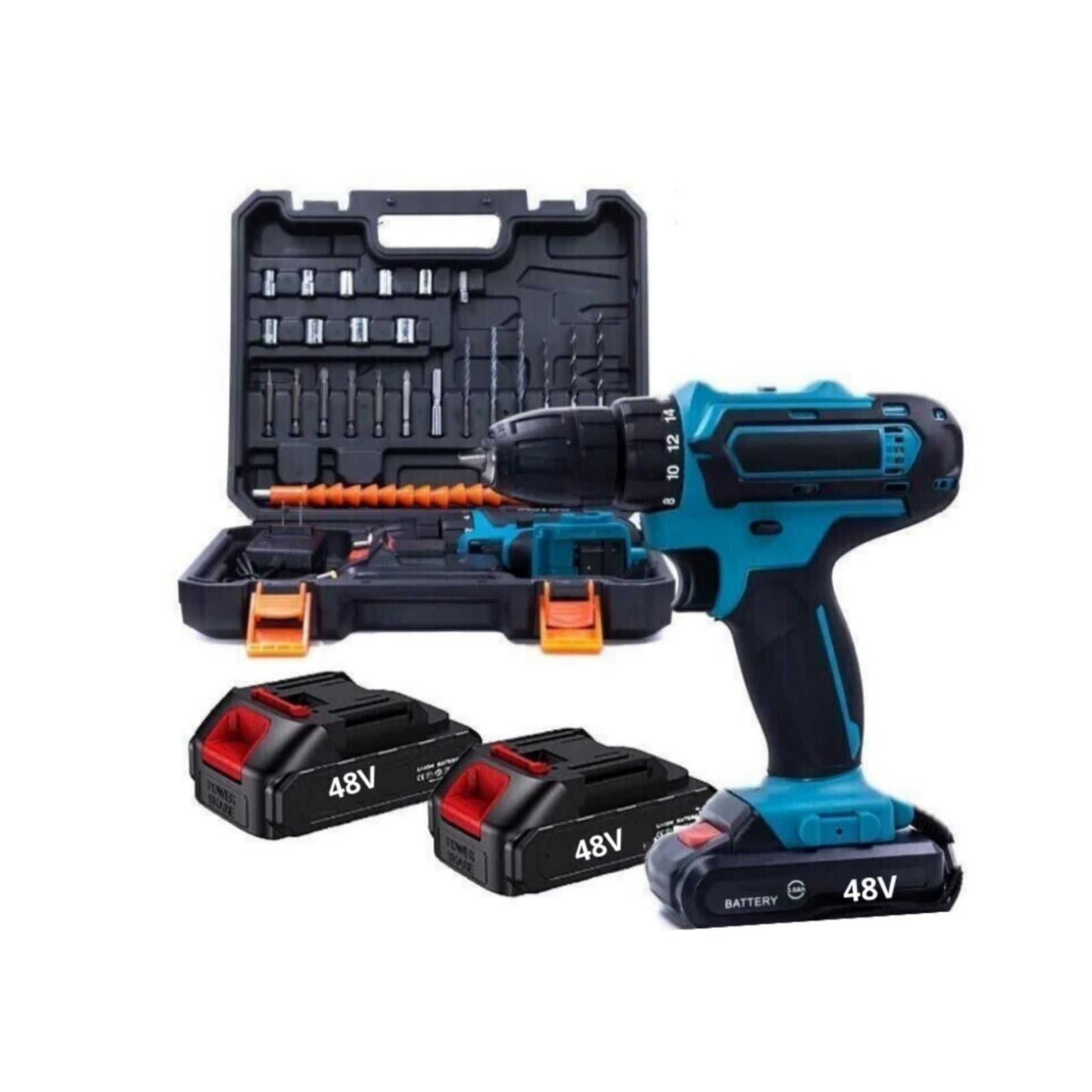 Trapano Avvitatore Percussione, Doppia Batteria 48V, Accessori e Valigetta