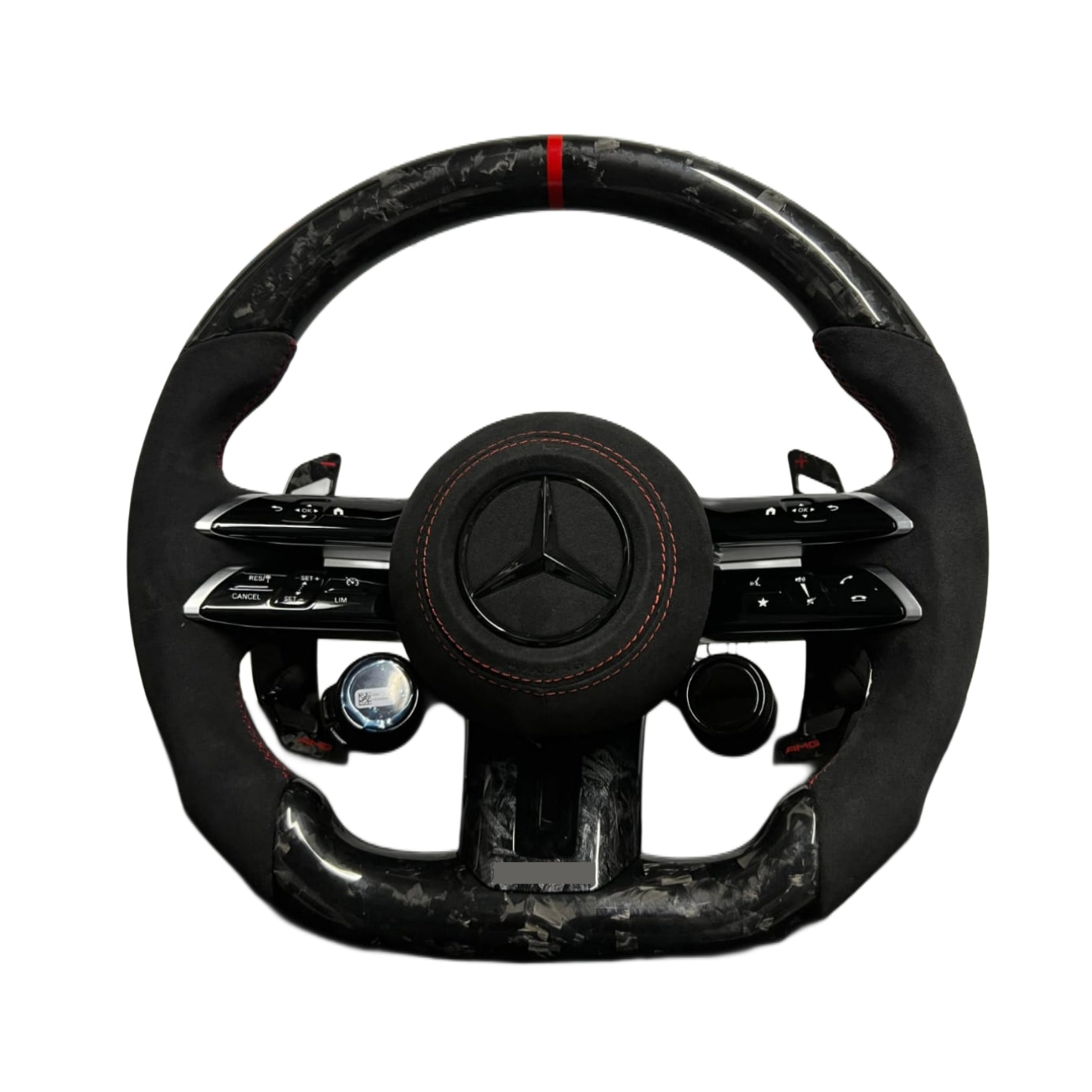 (PRENOTA) Volante per Mercedes, Carbonio Diagonale, Pelle Scamosciata, Galvanica, Linea Rossa, Pomelli AMG