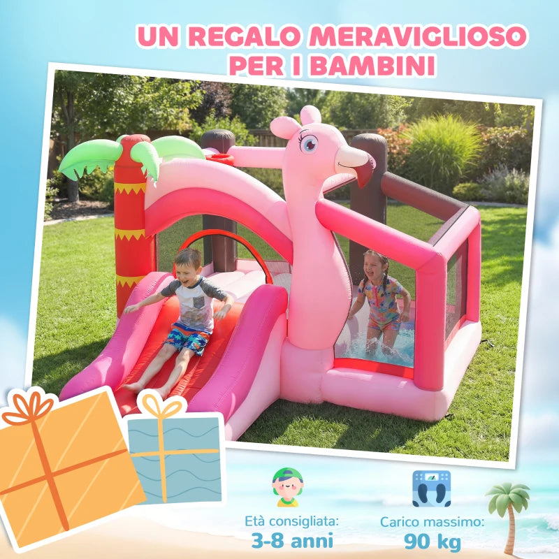 AIYAPLAY Castello Gonfiabile per Bambini con Scivolo, Trampolino, Vasca di Palline e Canestro Basket, 255x230x196 cm, Rosa