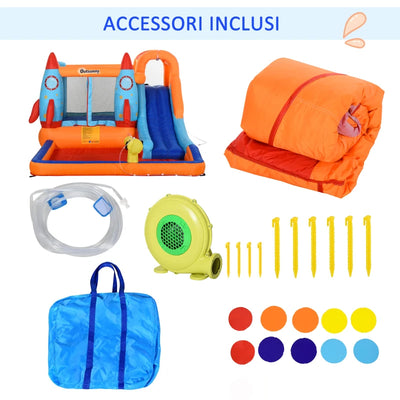 Outsunny Castello Gonfiabile per Bambini Piscina con Scivolo e Trampolino, Pompa Elettrica, 350x250x185cm, Multicolore
