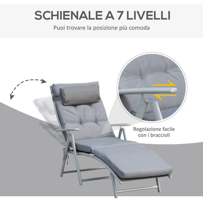 Outsunny Sdraio Da Giardino Pieghevole e Reclinabile su 7 Livelli con Cuscino e Materassino, 137x63.5x100.5 cm, Grigio