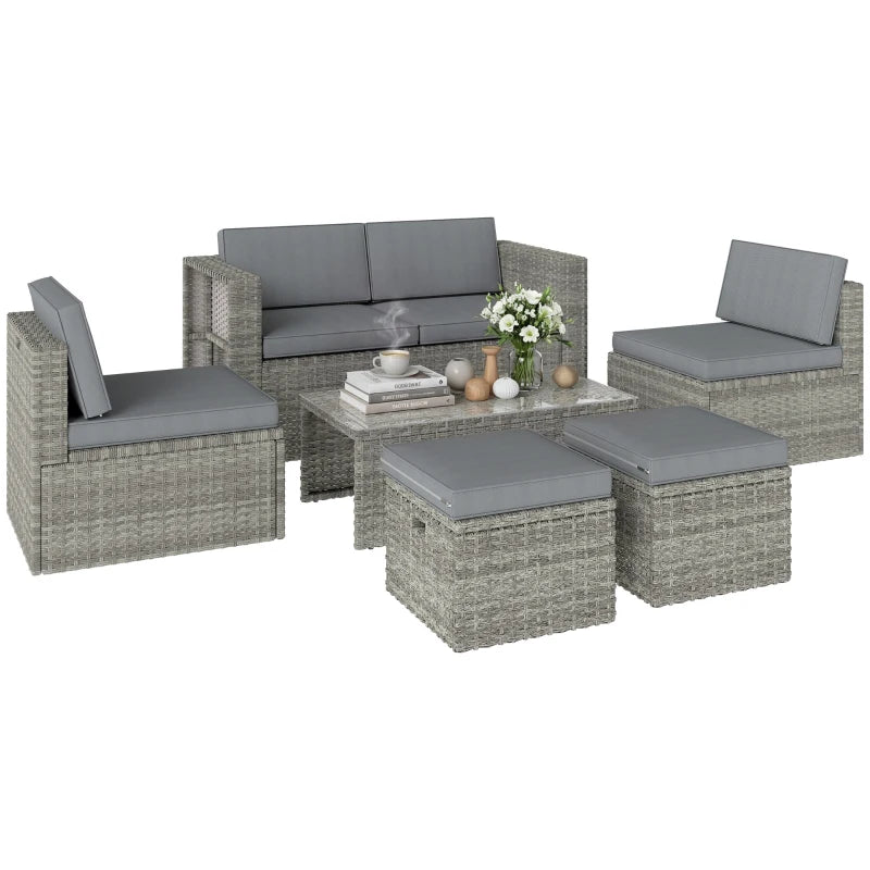 Outsunny Set da Esterno 6pz con Divano, 2 Sedie, Tavolino con Piano in Vetro e 2 Pouf, Grigio Scuro