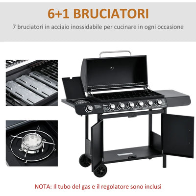 Outsunny Barbecue a Gas con Coperchio, 7 Bruciatori da 20kW, Fornello Laterale e 2 Ruote, 135x50x100 cm, Nero