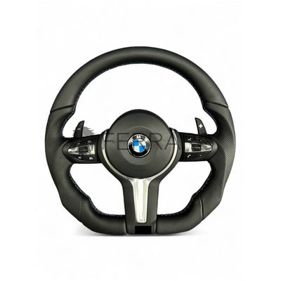 (PRENOTA) Volante per BMW, Pelle Nera, Cromatura Nera, Filo Nero Multicolore