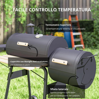 Outsunny Barbecue a Carbone con Coperchio e Affumicatore, BBQ da Giardino con Ripiani e Ruote 124x53x104 cm, Nero