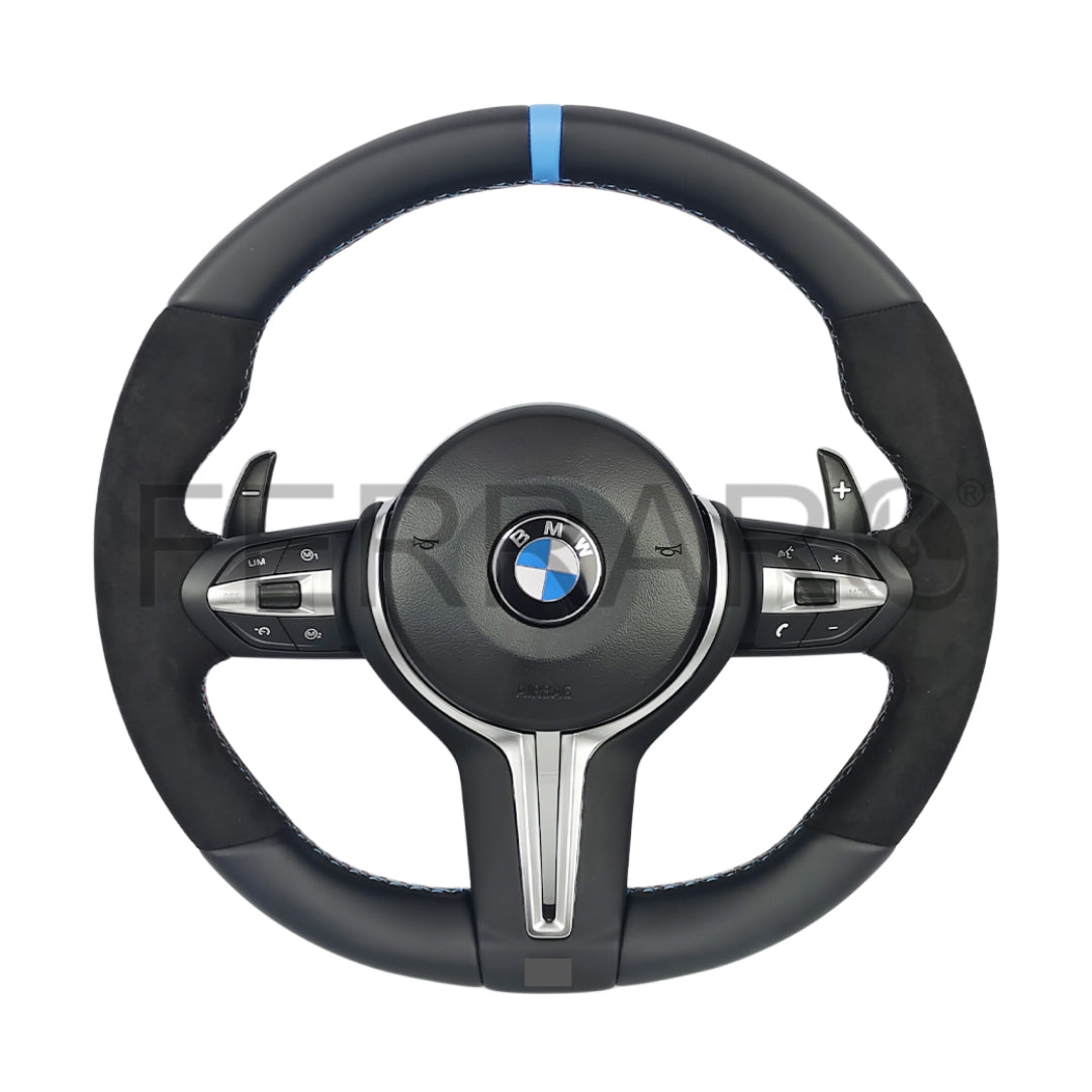 (PRENOTA) Volante per BMW, Pelle Nera, Etichetta Blu, Cromatura, Filo Multicolore