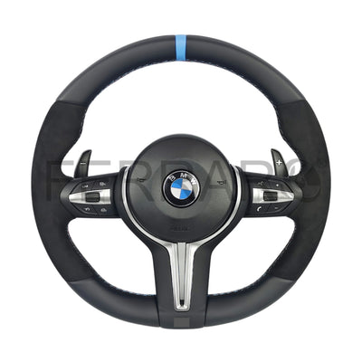 (PRENOTA) Volante per BMW, Pelle Nera, Etichetta Blu, Cromatura, Filo Multicolore